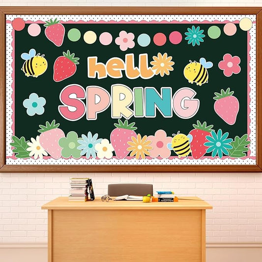 Hello Spring Bulletin Board Decorations Set Strawberry Cutouts Flowers Bulletin Board Decorations Floral Theme Blackboard Borders Flowers Cutouts for School Classroom Wall Decor