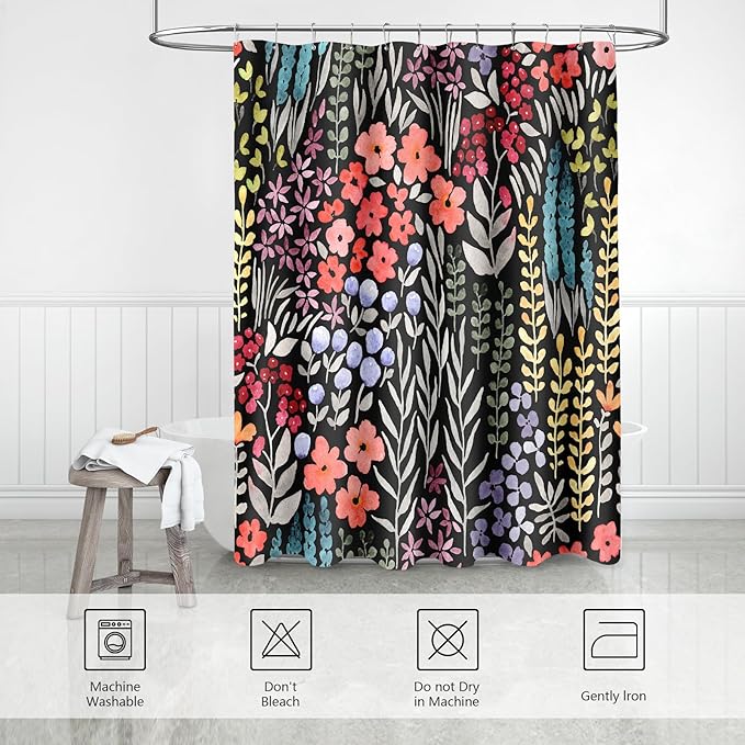 Extra Long Shower Curtain 72 x 84 Inch, Tall Cute Floral Shower Curtain for Bathroom, Colorful Wildflower Boho Cottagecore Fabric Shower Curtain Set with Hooks, Black
