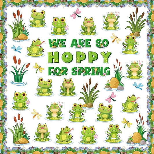 Pasimy 68 Pcs Frog Bulletin Board Set Spring Summer Classroom Decorations Green Jumping Frog Pond Grass Dragonfly Flower Lotus Paper Cutouts Jungle Bulletin Border Trims for Chalkboard School Wall