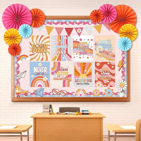 Pajean 62 Pcs Retro Groovy Classroom Bulletin Board Decorations Inspirational Posters with 3D Paper Fans Groovy Cutouts Motivational Bulletin Board Set for Back to School Classroom Home Decorations