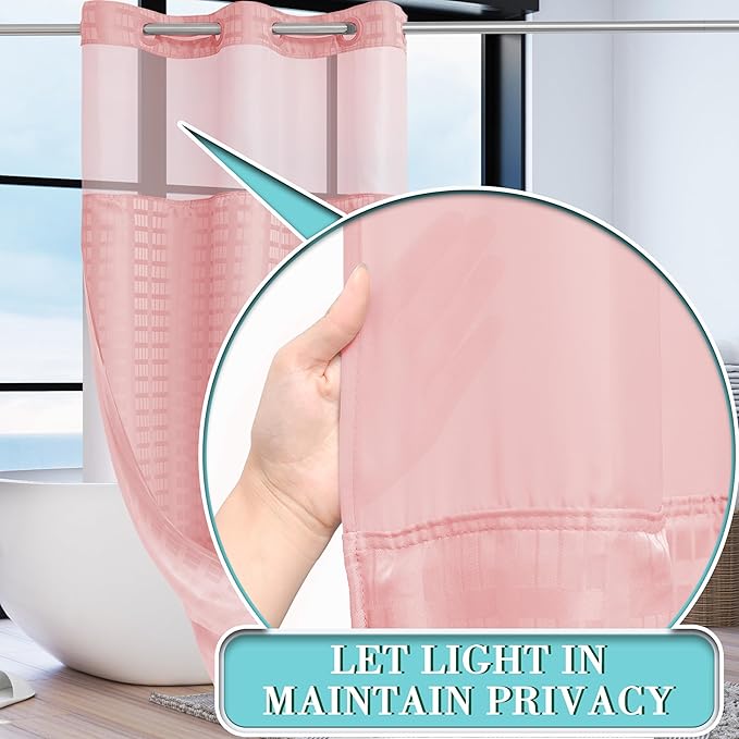 Conbo Mio Stall No Hook Shower Curtain with Snap in Liner Set, Hotel Luxury Pink Shower Curtains for Bathroom with See Through Top Window, Waterproof, Washable 36W x 74H