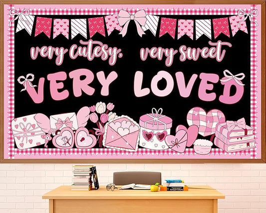 party greeting Valentines Day Bulletin Board Set Valentines Pink Bow Classroom Decorations Pink Theme Very Cutesy Sweet Loved Paper Cutouts Bulletin Board for School Office Home Wall Decor Supplies