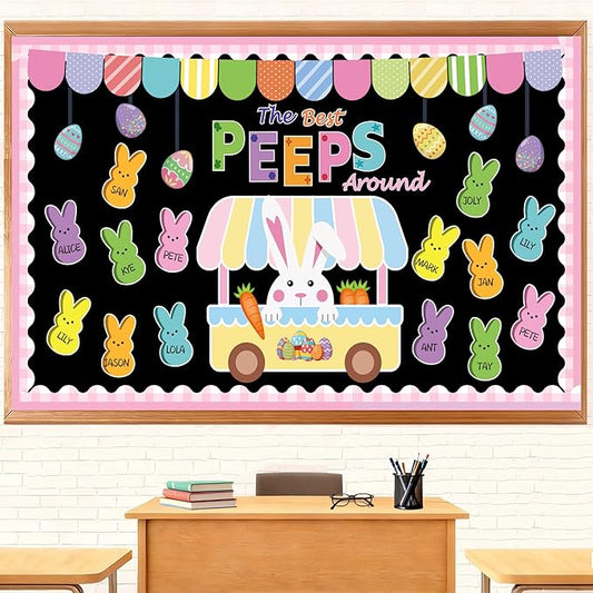 Easter Bulletin Board Decorations, 76pcs Spring Easter Classroom Decorations Set, Easter Eggs Bunny Cutouts Easter Bulletin Board, Peeps Decorations School Classroom Home Office Spring Easter Decor