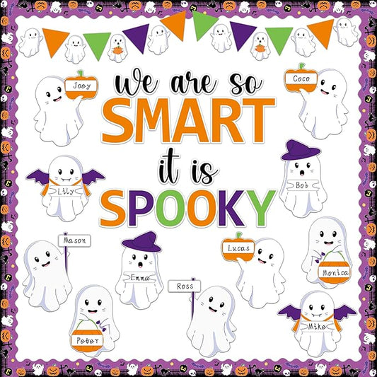 gisgfim Halloween Bulletin Board Decoration Set Halloween Cute Ghost Name Tag Paper Cutouts Ghost Classroom Bulletin Board Decor for Holiday School Home Wall(We are So Smart It is Spooky)