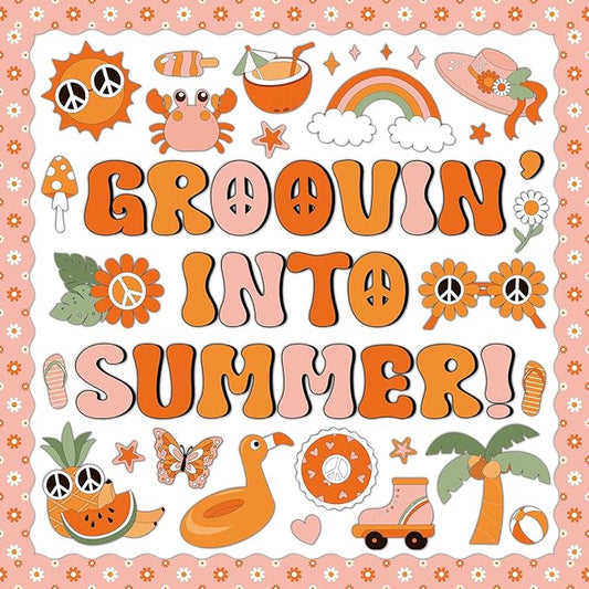 gisgfim Groovy Summer Bulletin Board Decoration Set Classroom Retro Tropical Hawaiian Cutouts Paper Borders for Summer Beach Pool Bulletin Board School Craft Home Wall(Groovin’ Into Summer)