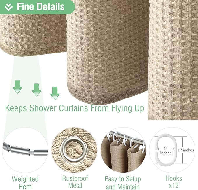 Dynamene Extra Long Fabric Shower Curtain - Waffle Weave 90 Inches Long Heavy Duty Cloth Shower Curtains for Bathroom, 256GSM Tall Hotel Luxury Bath Curtain Set with 12 Plastic Hooks, Beige/Khaki