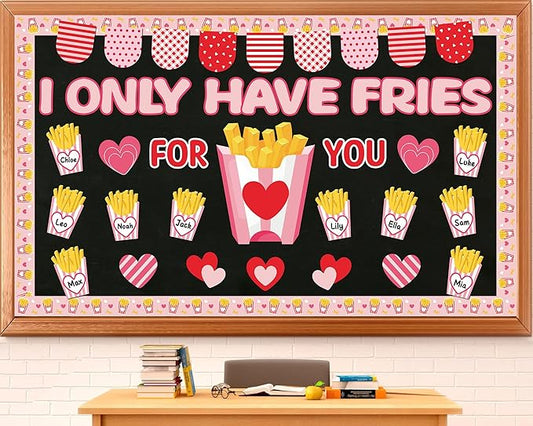 party greeting Valentine's Day Fries Bulletin Board Set Valentines I Only Have Fries for You Classroom Decor Love Heart Name Border Trims Paper Cutouts for School Classroom Home Wall Decor Supplies