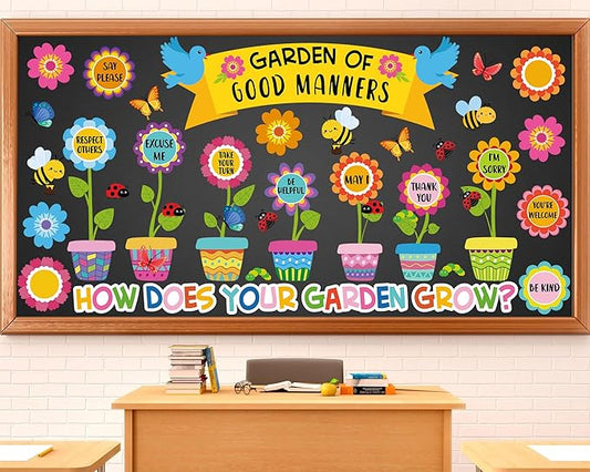 Large Spring Bulletin Board Flowers Decorations Classroom Garden of Good Manners Positive Bulletin Board Set Spring Butterfly Flowers Bee Cutouts Wall Decals for Teachers Classroom School Kids Decor