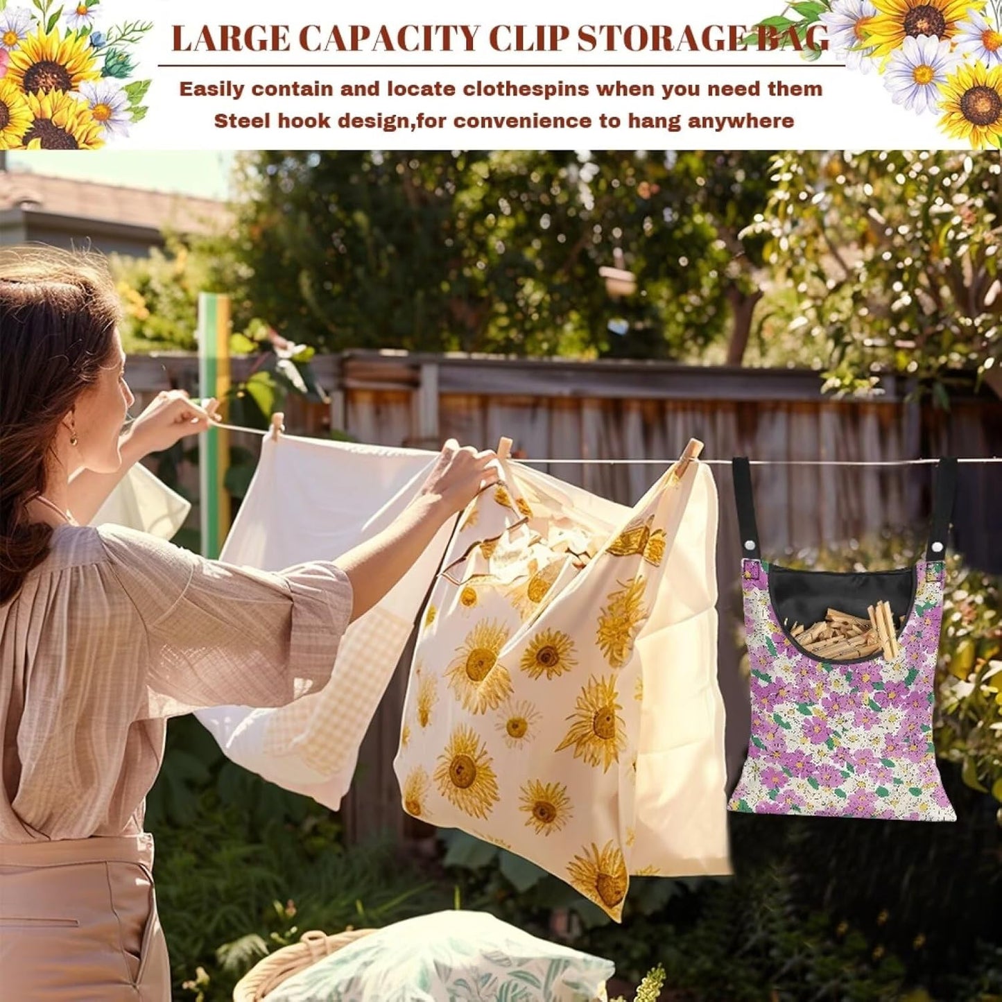 2 Pcs Hippie Flowers Clothes Pin Bag Clothespin Bag Holder 14.5 X 12 Inch Clothes Pin Hanging Bag for Clothesline Outdoor Outside Wardrobe and Laundry Room