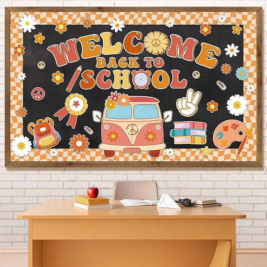 Aneco Retro Boho Welcome Back to School Bulletin Board Decorations Groovy Classroom Decoration Cutouts Motivational Pencil Bus Schoolbag Paper Cutouts for Kindergarten Preschool Wall Door Decor