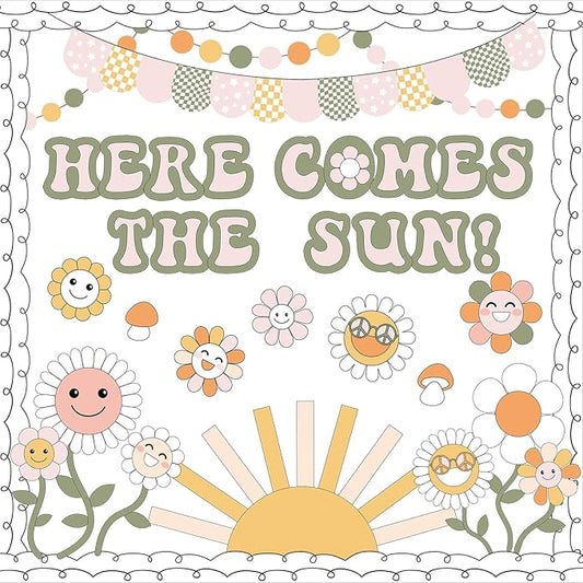 Epakh Here Comes The Sun Bulletin Board Set Sun Flowers Classroom Decorations Boho Daisy Paper Cutouts with Borders for Door Wall Back to School Party Supplies