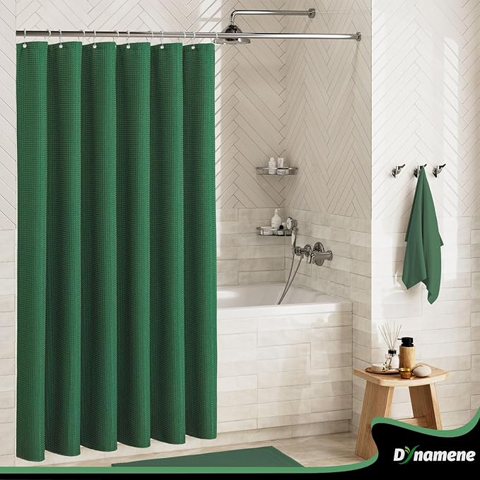 Dynamene Long Fabric Shower Curtain - 78 inch Long Waffle Weave Weighted Cloth Shower Curtains for Bathroom, Neutral Heavy Duty Hotel Spa Luxury Bath Curtain Set with 12 Hooks, 72x78, Dark Green