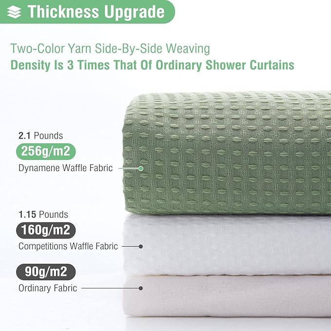 Dynamene Long Fabric Shower Curtain - Waffle Textured Tall Heavy Duty Cloth Shower Curtains for Bathroom, 256GSM Large Hotel Spa Luxury Bath Curtain Set with 12 Plastic Hooks(72Wx80H, Sage Green)