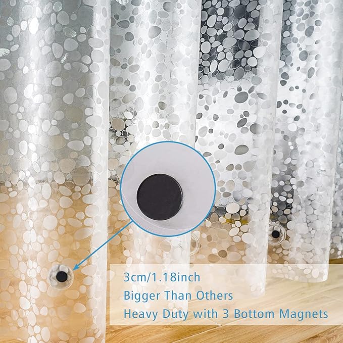 UFRIDAY Clear Shower Curtain Liner 72 x 72 inch,EVA 3D Cobblestone Weighted Plastic Bathroom Shower Curtain Liner with 3 Big Magnets,Transparent.