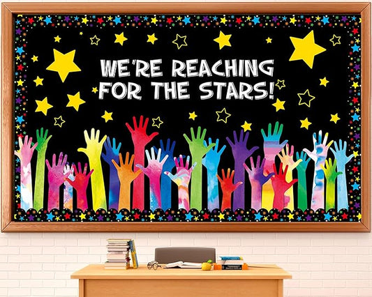 Reach for The Stars Bulletin Board Set Welcome Back to School Bulletin Board Colorful Stars Hands Cutouts for Inspirational Motivational Classroom Decoration Educational Learning Activities Supplies