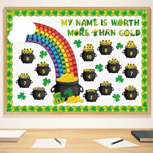 St. Patrick's Day Bulletin Board Shamrock Gold Coin Pot Paper Cutout Rainbow Clover Classroom Decor March Bulletin Board with Border for Irish Party Door Wall Classroom Home Office Supplies