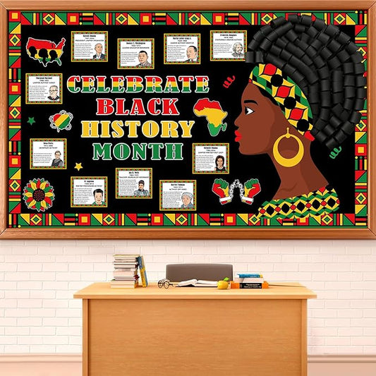 3D Black History Month Bulletin Board Set Famous African American Classroom Decoration Motivational Cutouts Black History Bulletin Board Border for School Classroom Home Party Chalkboard Wall Decor