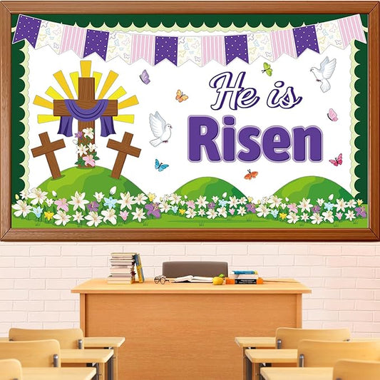 Easter Spring Bulletin Board Decorations Set, He is Risen Floral Cross Classroom Decoration Butterflies Lily Cutouts Christian Jesus Library Sunday School Window Wall Decor for Teacher(He is Risen)