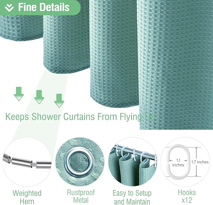 Dynamene Extra Long Shower Curtain,96 Inch Long Waffle Weave Heavy Duty Thick Fabric Bathroom Shower Curtain, Neutral Weighted Hotel Bath Curtain Set with 12 Plastic Hooks,72x96,Teal