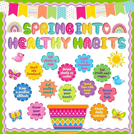 Honoson 74 Pcs Spring Bulletin Board Decorations Set Spring into Healthy Habits Paper Cutouts Colorful Flower Butterfly Birds Sunshine Bulletin Decor for School Classroom Wall Chalkboard Supplies