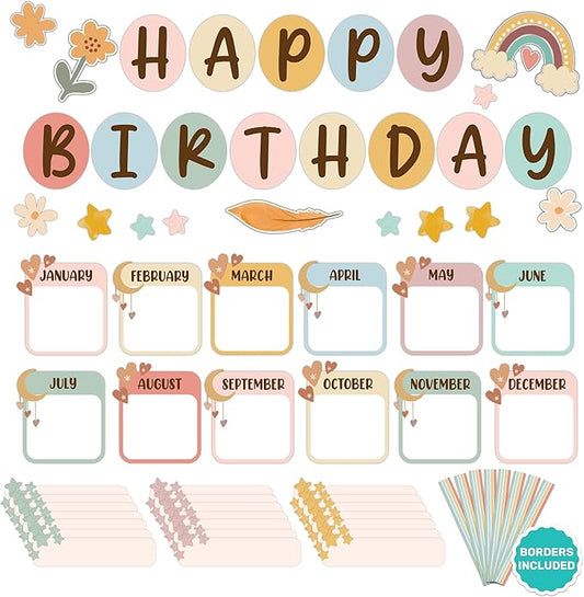 Decorably 97 Pcs Cutouts Boho Birthday Bulletin Board Decorations Set with Borders - Gloss-Laminated Cardstock, Easy-to-Write-on & Erase, for Classroom, School Hallways, Study Room