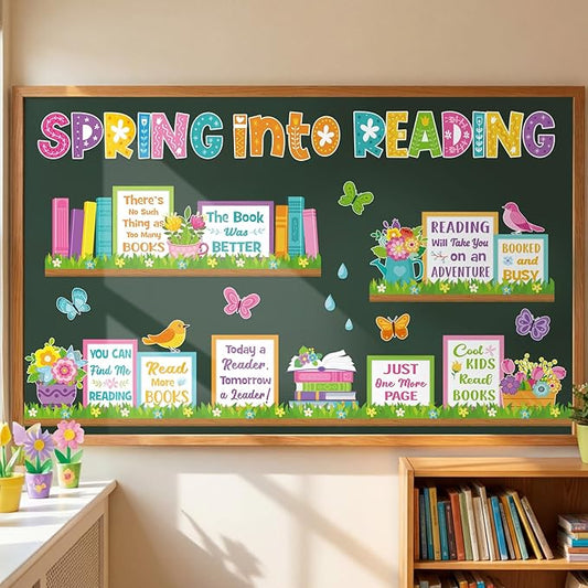 Qilery Spring Bulletin Board Set Reading Classroom Decorations, Spring Into Reading Cutouts for Teachers, Motivational Library Wall Door Decor, Seasonal Book Corner Supplies for Elementary School