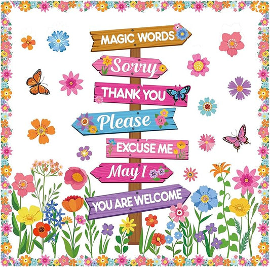 Epakh Spring Bulletin Board Decorations Set Spring Flowers Classroom Decor Flower Butterfly Accents Signpost Paper Cutouts for Door Wall Butterfly Floral Theme Party Supplies