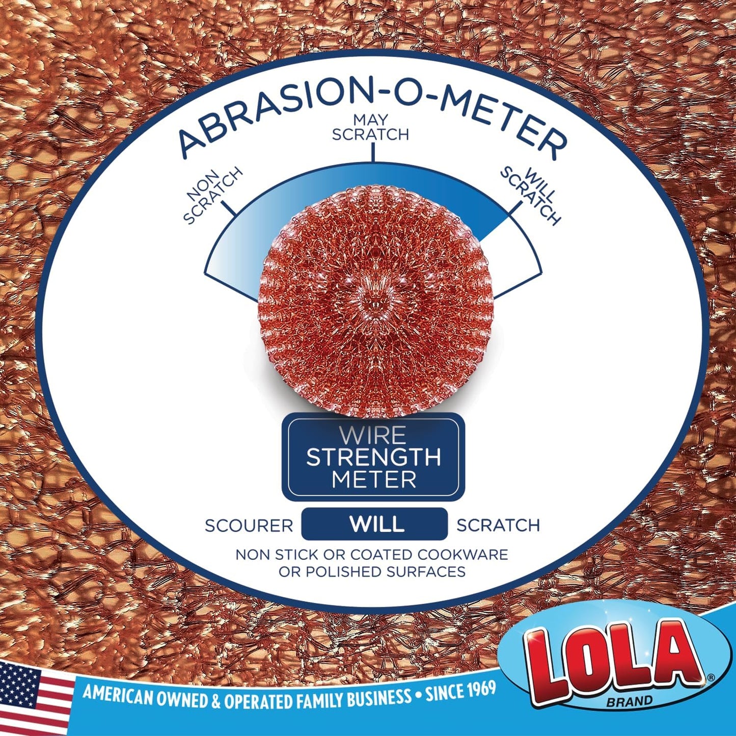 LOLA Copper Mesh Scouring Pad, 18 Grams, 12 Pack, eavy Duty Cleaning Pads, Copper Coated Knitted Flat Wire Mesh, Recyclable, Cleans Baked On Messes