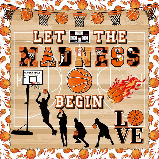 gisgfim Basketball Bulletin Board Decoration Set with Background Paper & Borders Cutouts Let The Madness Basketball Sport Bulletin Board Decor for Classroom School Game Craft Supplies(Basketball)