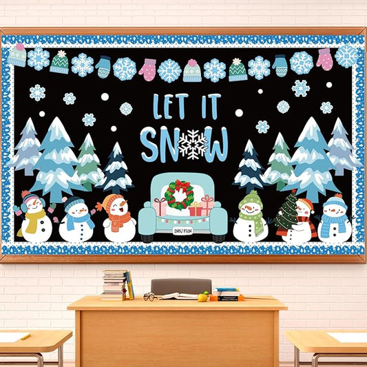 Winter Bulletin Board Decorations Set Christmas Tree Snowmen Cutouts with Bulletin Border Snowflake Winter Classroom Decorations Chalkboard Window Wall Door Decor for Home Office School 61PCS