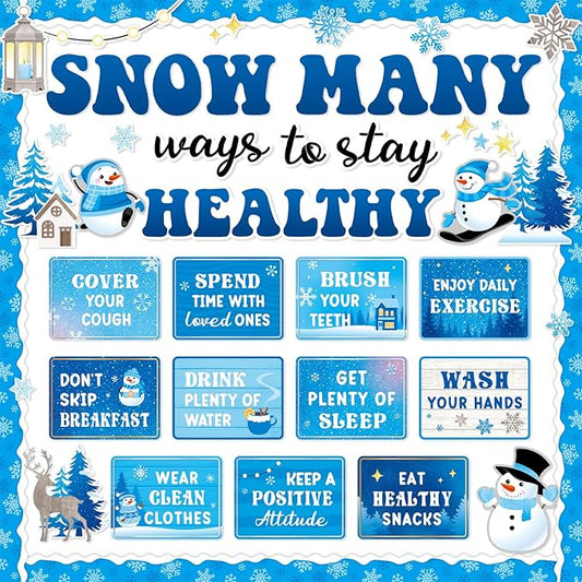 Ctosree 60 Pcs Winter Healthy Bulletin Board Decorations Set Good Habits Poster Snowman Snowflake Good Habits Cutouts for Winter Teacher Classroom School Office Chalkboard Wall Supply