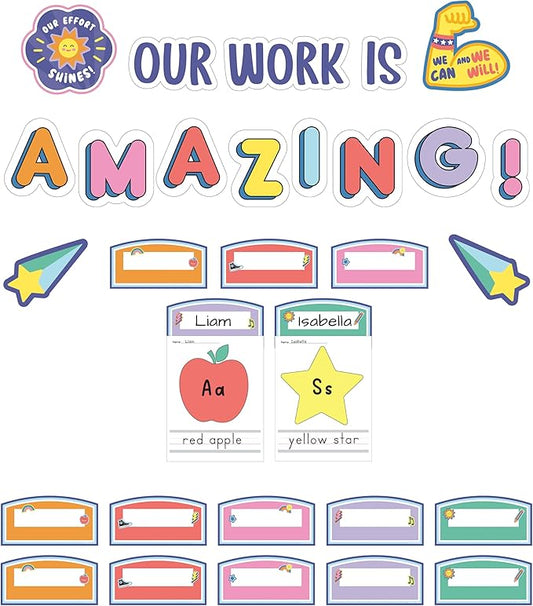 Carson Dellosa Pre-Punched We Stick Together 45-Piece Our Work is Amazing Bulletin Board Set, Student Work Display Headers, Shooting Stars, Motivational Cutouts for Bulletin Board and More
