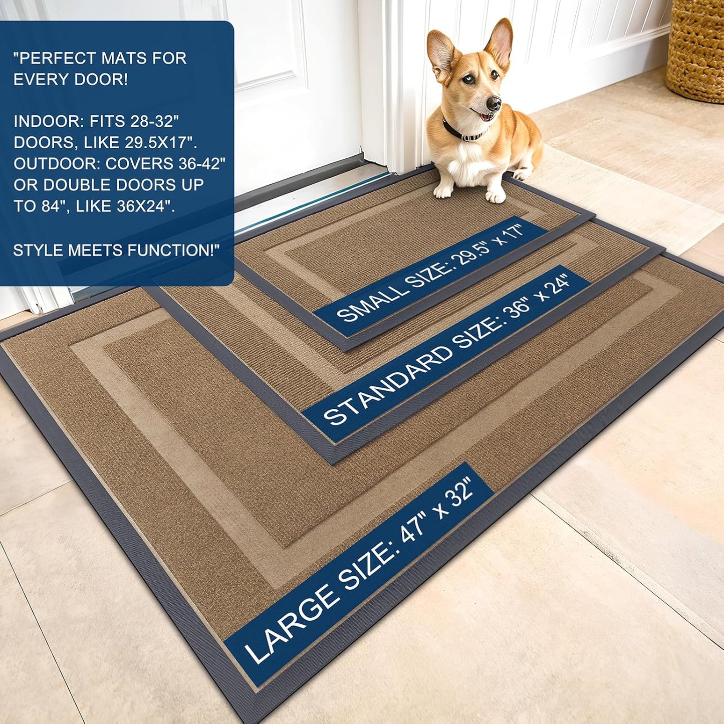 OLANLY Front Door Mat Indoor Outdoor Entrance, Waterproof All-Season, All-Weather Doormat, Sturdy Natural Rubber, Fade Resistant, Low Profile, Easy Clean Patio Porch Entryway Mat, 59x35, Light Brown