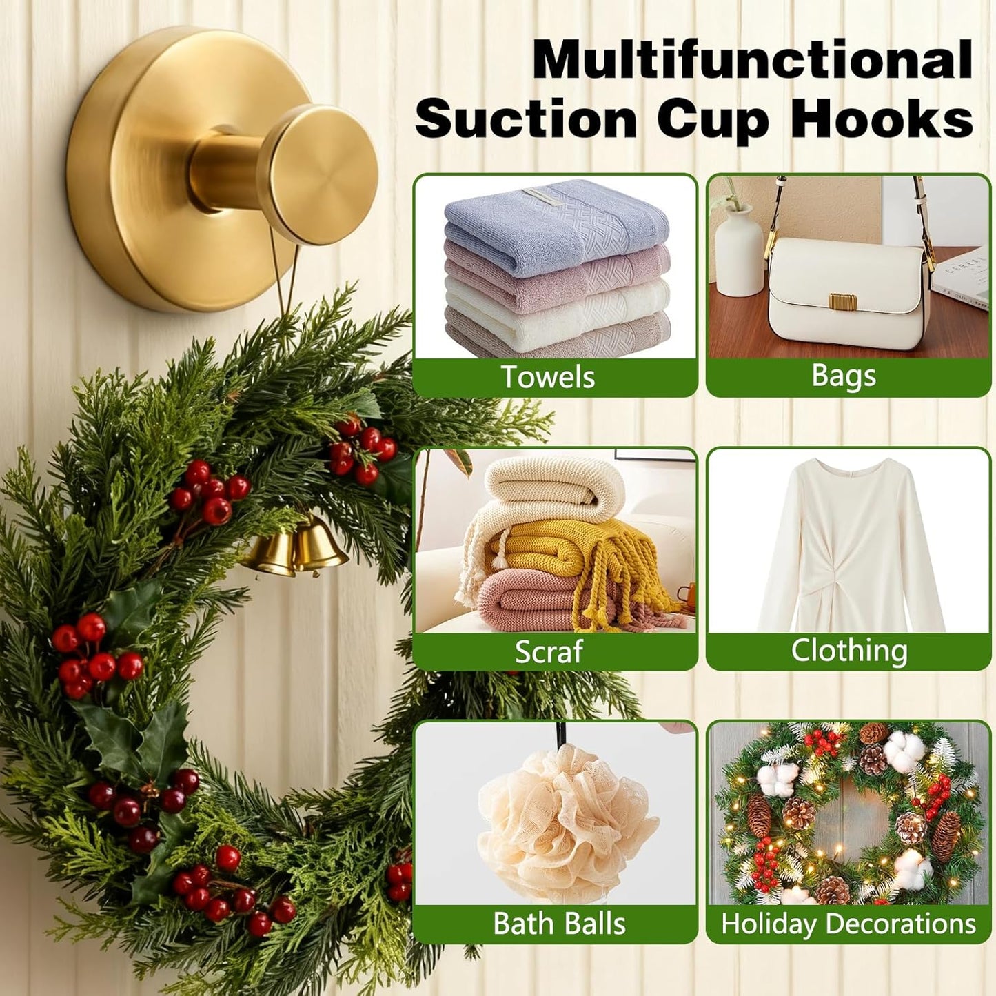 Suction Cup Hooks for Wreaths on Glass, 2025 New No Drill Suction Cup Hooks (2PCS-Black)