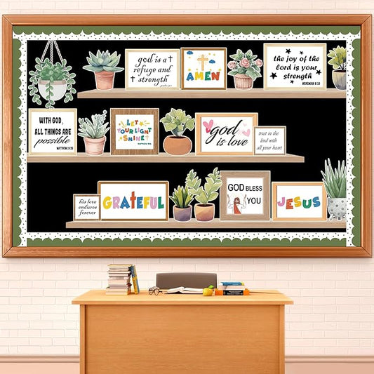 Christian Plant Inspirational Bulletin Board Set Spring Jesus Bible Verse Bulletin Board Sunday Back to School Potted Motivational Cutouts Greenery Religious for Classroom Chalkboard Wall Door Decor