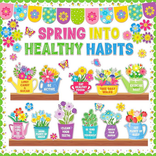 94 PCS Spring Bulletin Board Decoration - Flower Themed Classroom Decor Flower Bookshelf Bulletin Board Decor Spring into Healthy Habits for Offices Chalkboard Library Back to School Party Supplies