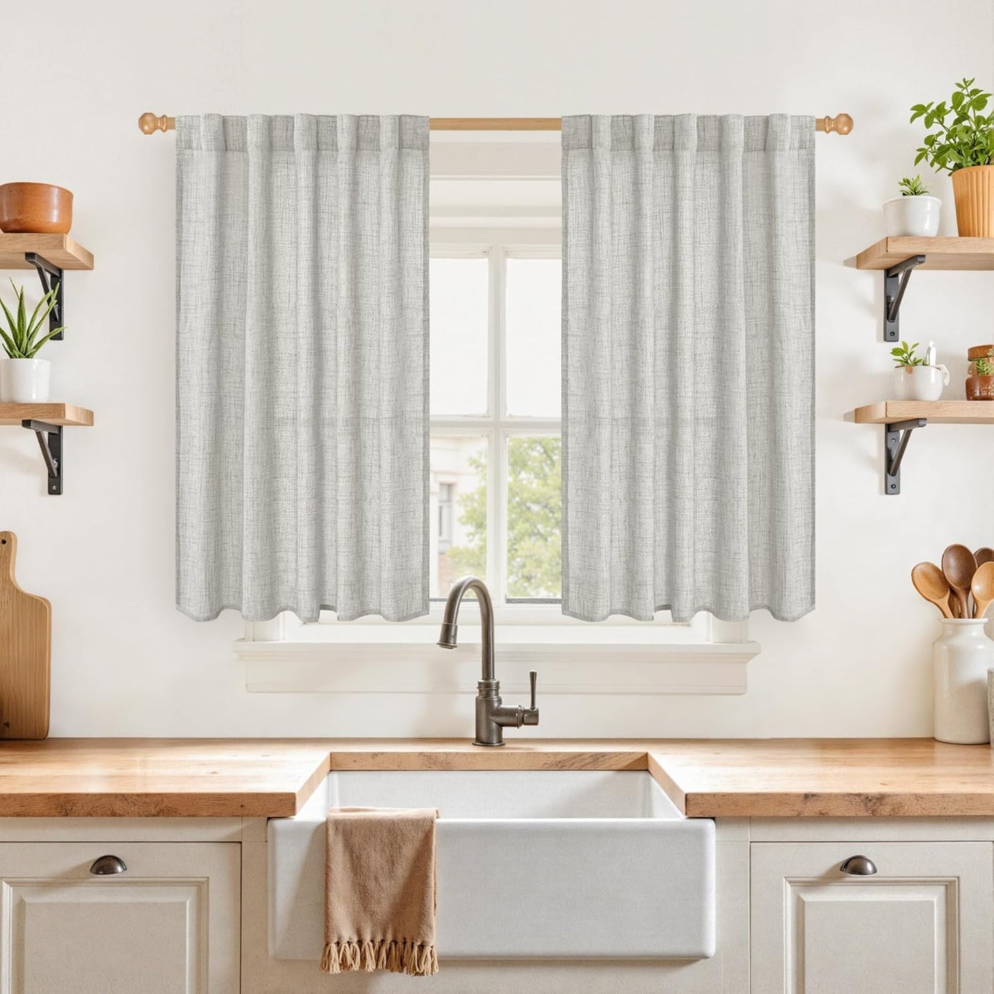 YoungsTex Light Grey Linen Curtains 40 Inches Long for Kitchen Cafe Window, Short Length Semi Sheer Drapes Back Tab Rod Pocket Light Filtering for Bathroom Bedroom, 2 Panels, 42 X 40 Inch