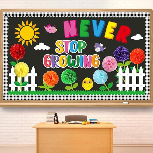 Spring Bulletin Board Decorations Set March Flowers Bulletin Board with 3D Paper Floral Cutouts Classroom Decorations Back to School Wall Decor Party Favor(Never Stop Growing)