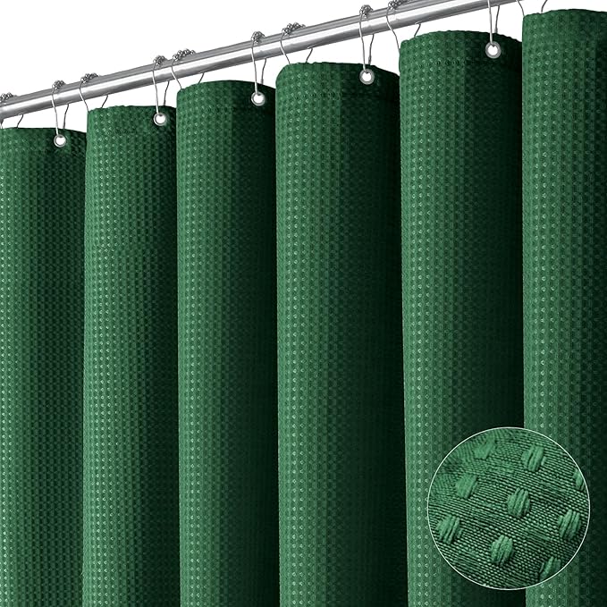 Dynamene Extra Long Shower Curtain - 96 Inch Long Waffle Weave Weighted Thick Cloth Bathroom Shower Curtain, Neutral Heavy Duty Hotel Bath Curtain Set with 12 Plastic Hooks,72x96, Dark Green