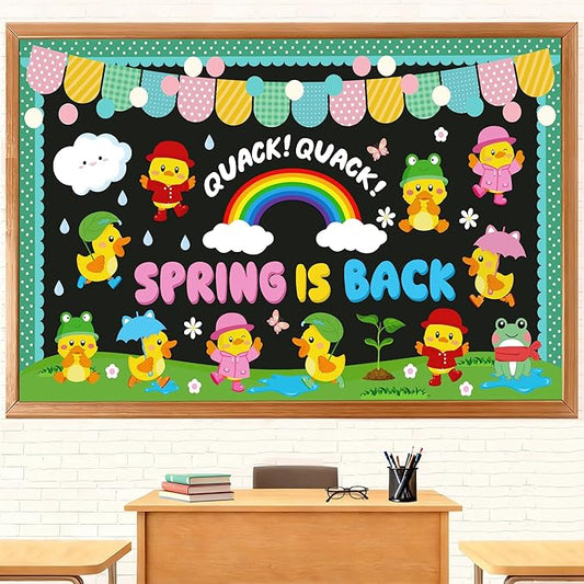 104Pcs Spring Bulletin Board Decorations, Spring Duck Bulletin Board Decorations Set, Spring Rainy Rainbow Cloud Spring Decorations for Office Classroom Home, Spring is Back Bulletin Board Decorations