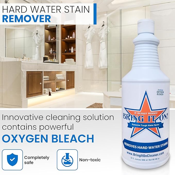 Bring It On Cleaner Water Spot Remover 16 Ounce, Plus 2 Drill Brushes, Drill Brush Attachment, Great Tile and Grout Cleaner, Tub and Shower Cleaner