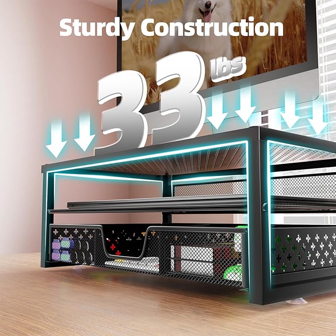 Simple Trending Metal Monitor Stand Riser and Computer Desk Organizer with Drawer for Laptop, Computer, iMac, Black