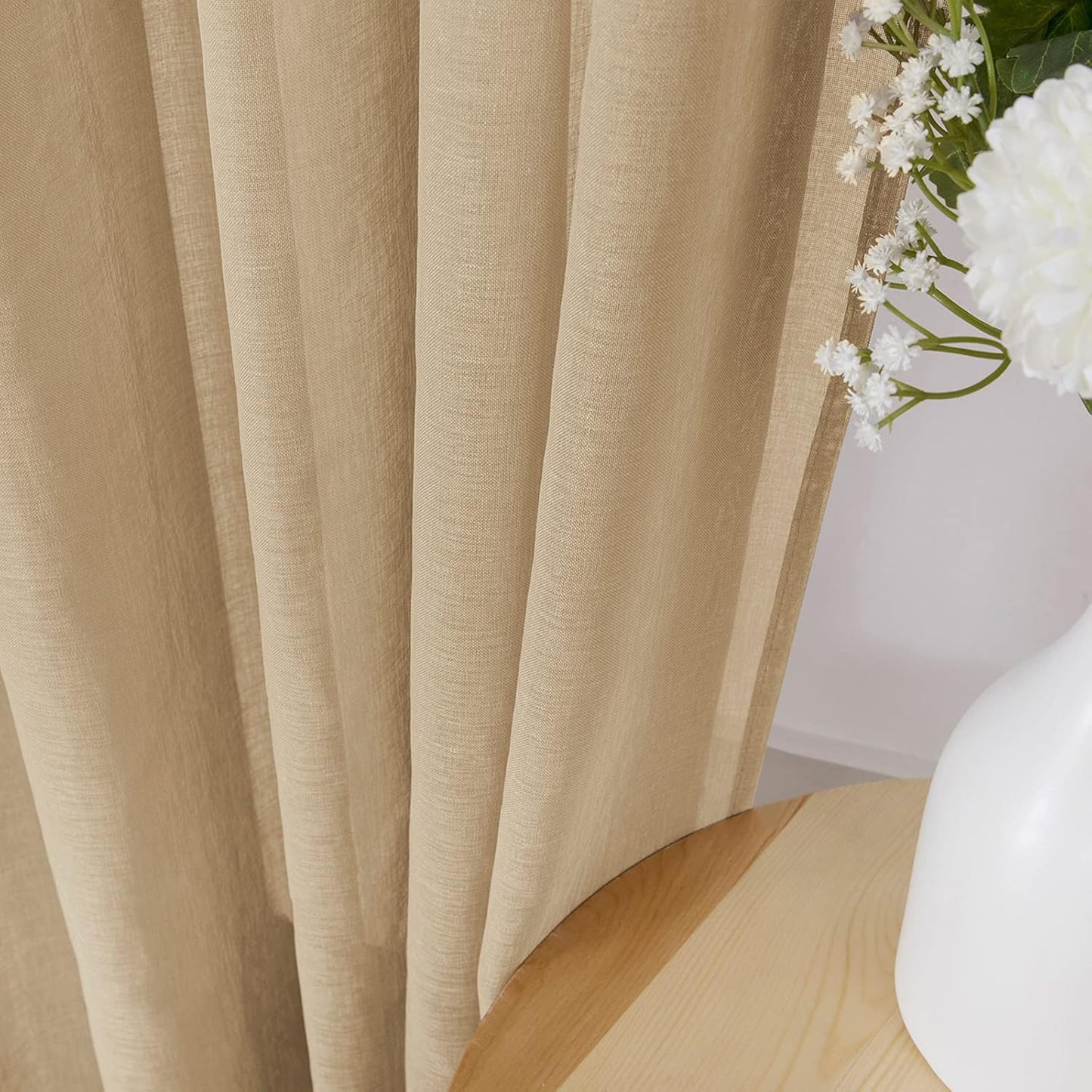 Tollpiz Short Sheer Curtain Linen Textured Bedroom Curtains Sheer Light Filtering Rod Pocket Voile Curtain for Living Room, 54 x 54 inches Long, Beige, Set of 2 Panels
