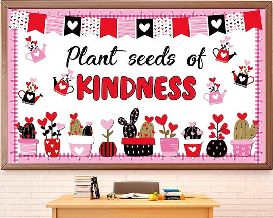 Valentine's Day Bulletin Board Set Plant Kindness Valentines Classroom Decorations Positive Motivational Potted Plant Love Heart Paper Cutouts for Party School Home Chalkboard Wall Decor Supplies