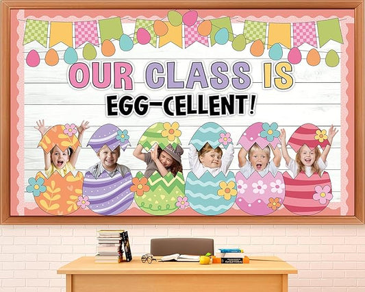 Easter Bulletin Board Decoration Set Easter Egg Paper DIY Photo Craft Cutouts Our Class is Egg-Cellent Spring Classroom Decoration for Holiday Party Teacher School Home Office Chalkboard Wall Decor