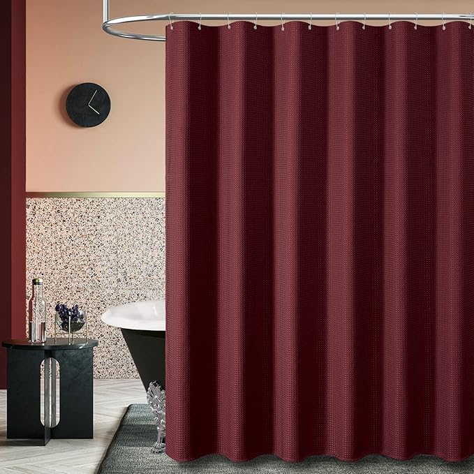 Dynamene Extra Long Shower Curtain - 84 Inch Long Burgundy Waffle Weave Heavy Duty Fabric Bathroom Shower Curtain, Neutral Weighted Hotel Thick Bath Curtain Set with 12 Plastic Hooks,72x84, Burgundy