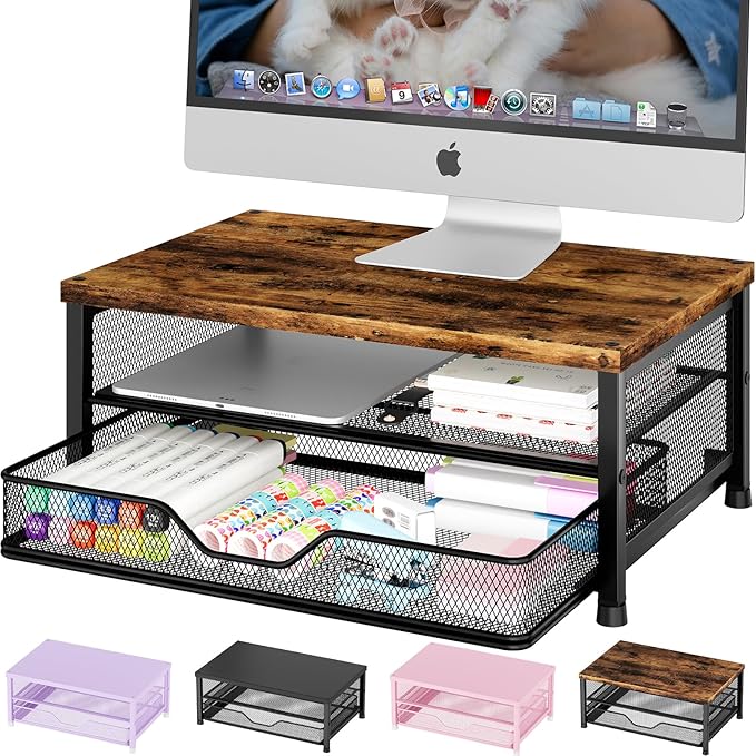 OPNICE Wood Computer Monitor Stand Riser, Desk Organizer with Drawer, Laptop Stand, Office Desk Accessories & Workspace Desktop Organizers Storage for Office Supplies(Brown)