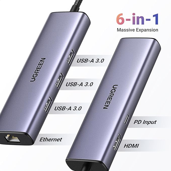 UGREEN Revodok 6 in 1 USB C Hub Gigabit Ethernet Adapter with 4K HDMI, 100W PD Charging, USB A Data Ports Compatible with Mac M1, M2, M3, iPad, iPhone 16 Pro/Pro Max, Steam Deck