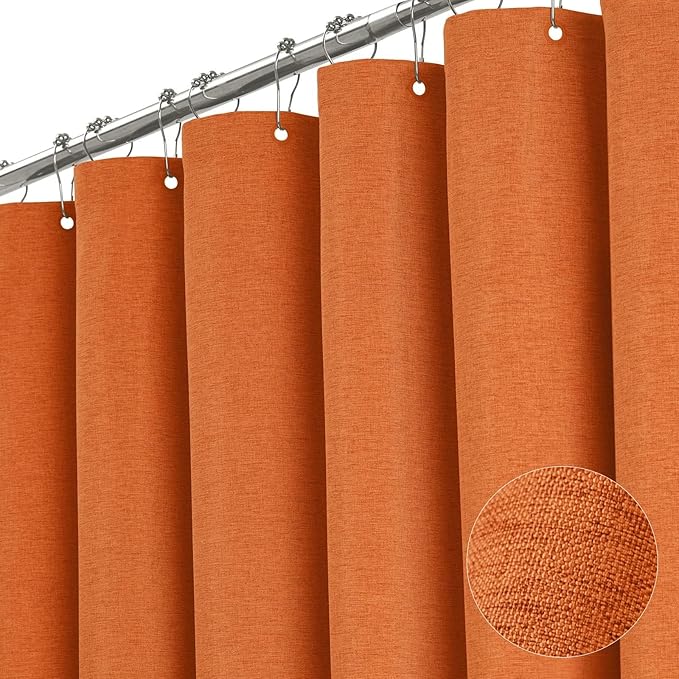 BTTN Stall Fabric Shower Curtain - 36x72 Inch Narrow Linen Textured Heavy Duty Shower Curtain Set with 6 Plastic Hooks, Half Neutral Minimalist Waterproof Modern Shower Curtains for Bathroom - Orange