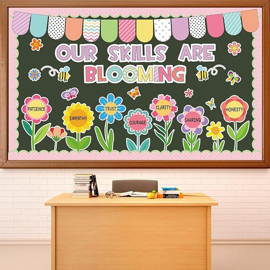 Qyeahkj Spring Bulletin Board Decorations Set Butterfly & Flower Cutouts Reusable Motivational Pastel Floral Classroom Office Home Wall Decor for Teachers Nursery Spring Party Backdrop (Easy-Install)